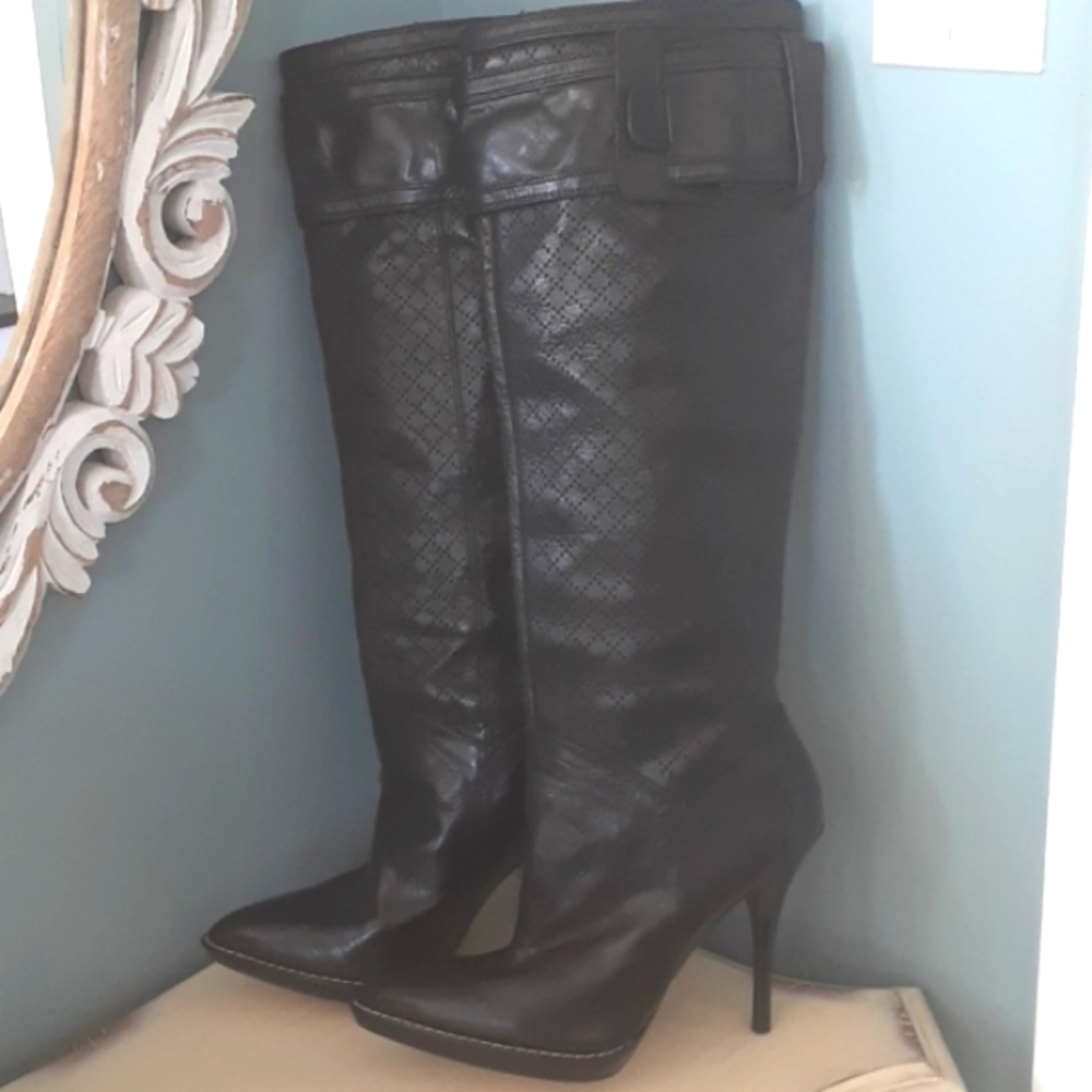 " Sexy Nine West Knee High Black Leather Heeled Boots